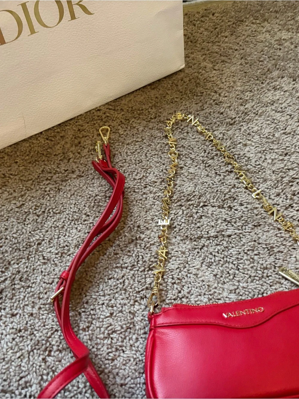 Valentino Red Leather Shoulder Bag with Gold Logo Purchased in Italy